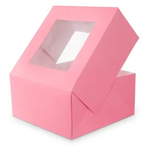 맞춤형 크기의 골판지 핑크 빵집 생일 케이크 상자 Pvc 투명 창