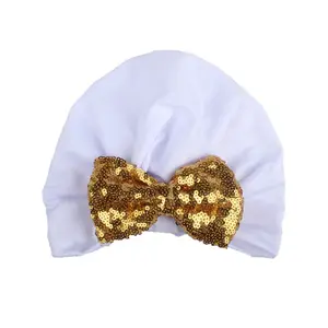 Gorro de punto con lentejuelas de seda de leche para bebé, gorro con lazo grande