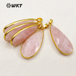 WT-P1348 Luar Biasa Bezel Emas Segi Alami Kuarsa Mawar Liontin Tetesan Air Mata, Tangan Wanita Cabochon Segi Merah Muda Liontin Tetes Air Mata - Product Image 3
