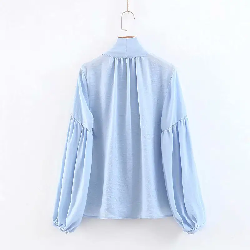 Mew meck strikje ontwerp lantaarn mouw blauw shirt lady casual fashion blouse