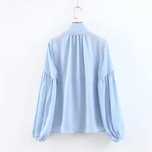 Mew meck strikje ontwerp lantaarn mouw blauw shirt lady casual fashion blouse