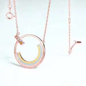 2024 New Cute Rose Gold Pendants Gemstone Bar Jewelry 925 Sterling Silver Enamel Rainbow Pendant Hoop Necklace