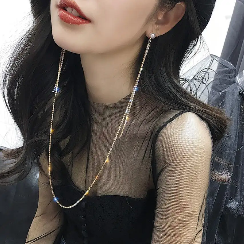 Kaimei 2019 fashion jewelry women hot seller full diamonds integrated long tassel hanging drop crystal earrings necklaces sets