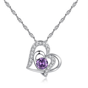 Wholesale Platinum plated double heart necklace Purple Crystal Heart Pendant Necklace