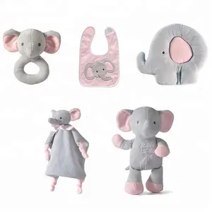 卡通孩子灰色大象毛绒婴儿拨浪鼓音乐保暖玩具与围兜定制新 5 包软玩具新生礼物为宝宝设置