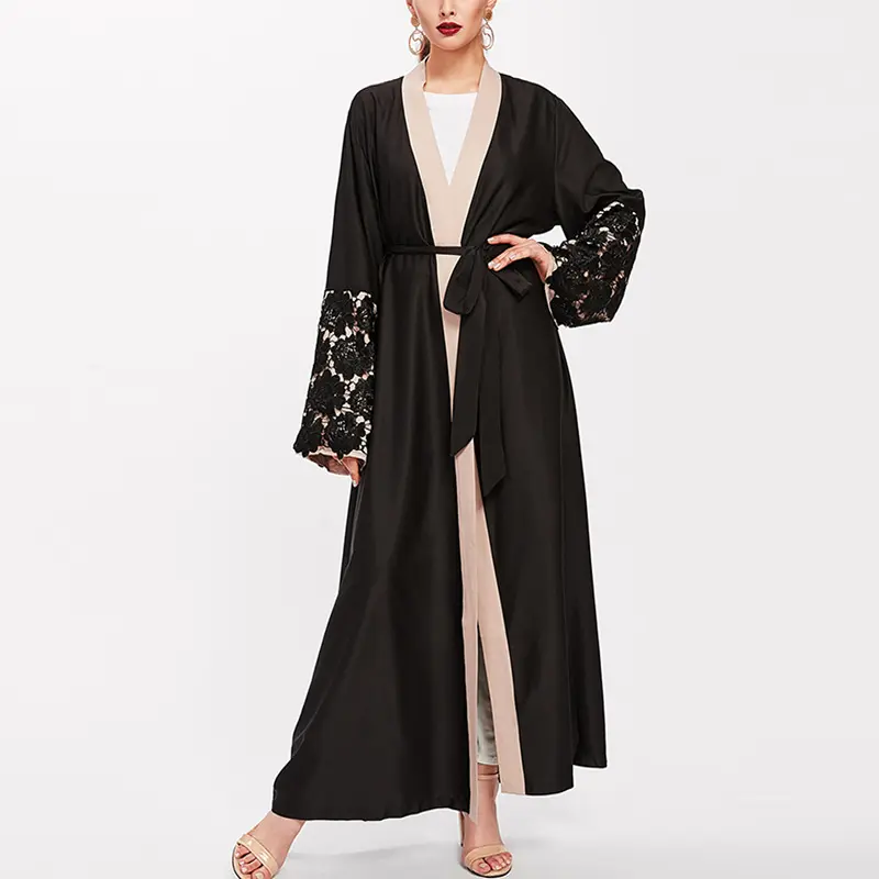 Kimono de encaje floral con contraste de fábrica, cárdigan de satén de seda personalizado para mujer, abaya abierta moderna, informal, OEM