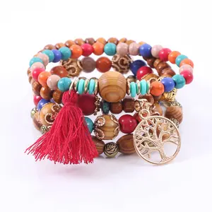 Bohême Tibétain Bouddhiste Prière En Bois Arbre De Vie Gland Cristal Perle Bracelet Mala