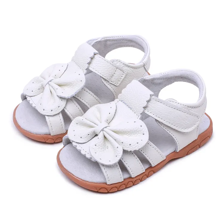 Breathable open toe leather kids sandals white butterfly girl flat dress sandals