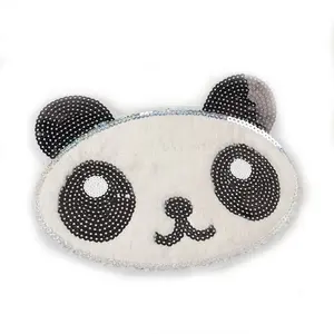 China Factory Supply Panda Cute Logo Shape Sequins Embroidery Appliques with White Wool Patch for Clothing