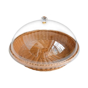 Huangtu Restaurant Fast Food Basket Rattan Serving Tray Fruit Bread Storage Basket With Acrylic Lid