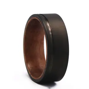 Wood Sand Gun Metal Wood with Black Titanium Ring Men 8mm Wedding Band,Custom Wood Sleeve Ring