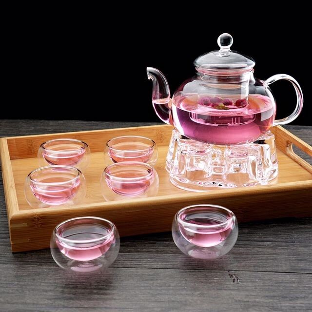 borosilicate Glass Filtering Tea Maker Teapot with a Warmer and 6 Tea Cups Set
