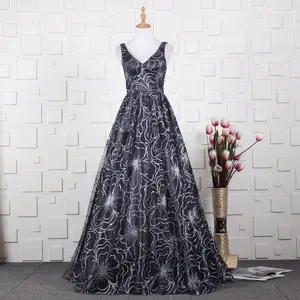 V-Ausschnitt Ballkleid Ärmellose Lange Dunkelgrau Shinny Glitter Stickerei Damen Abendkleider 2019 Damen Abendkleider