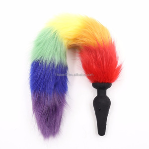 <span class=keywords><strong>Plug</strong></span> Anal de Pêlo Real Colorido Arco-Íris de Comprimento Longo ou Curto com Parada de Silicone Preta - Product Image 3