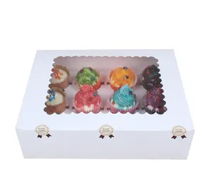 Cupcake Box Verpackungs papier Muffin Klarer Kunststoff 12 Tassen Kapazität Weißes Kunstdruck papier Kunden spezifische rechteckige Einweg-Lebensmittel verpackung