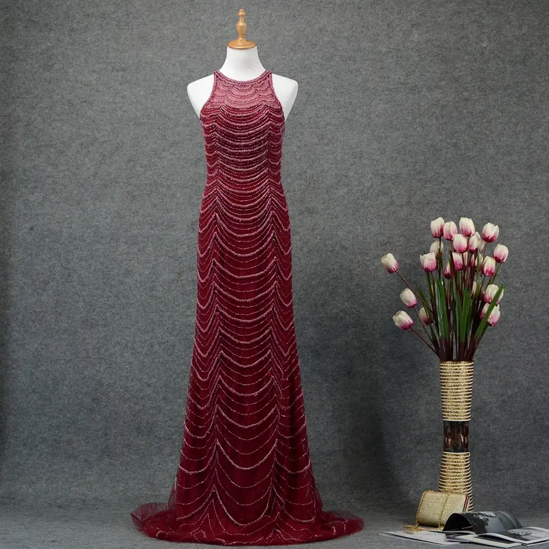 Váy Dạ Hội Dài Đính Cườm Nặng Màu Bạc/Rượu Vang Đỏ 2019 Đầm Dự Tiệc Phong Cách Châu Âu Thiết Kế Cổ Yếm Ren Sang Trọng Mới