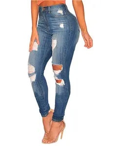 Bayan Denim Skinny Jeans yırtık yüksek bel bayanlar gömme Jeggings kot pantolon