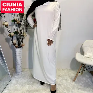 6176 # 阿拉伯迪拜平原白色 Abaya 伊斯兰服装长袖简单的内部马克西谦虚连衣裙穆斯林女装