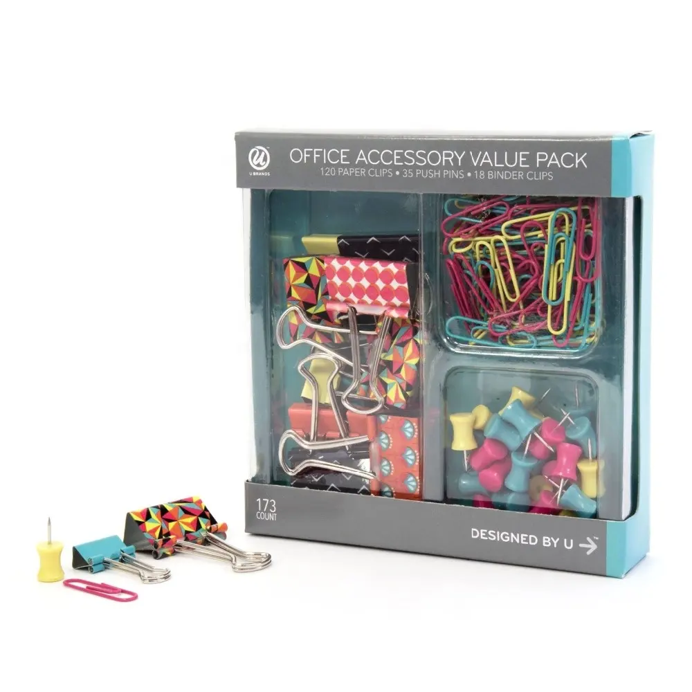 Bindmiddelenklemmen Paperclips en Push Pins Waarde Pack, Pop Spring Fashion Kleuren