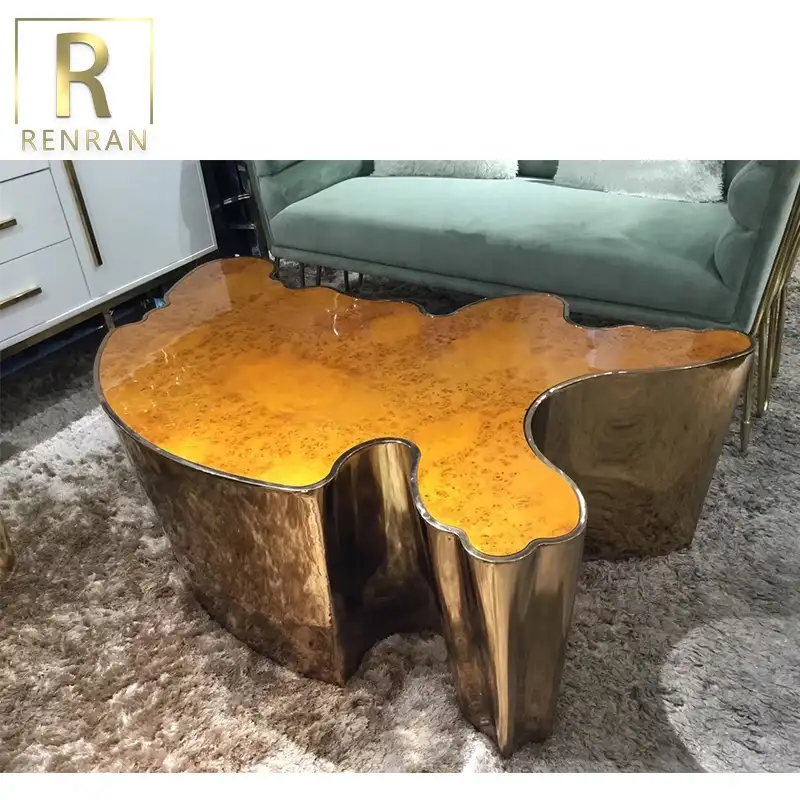 Роскошная мебель из нержавеющей стали с деревянной столешницей, современный нестандартный дизайн, Золотой металлический журнальный столик для гостиной
