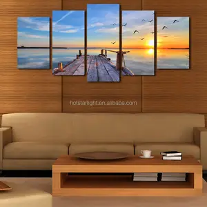 Lukisan Kanvas Pemandangan Matahari Terbenam Di Dinding Gambar untuk Ruang Tamu Kelas Atas Dekorasi Cuadros Lukisan Gambar Modular 5P