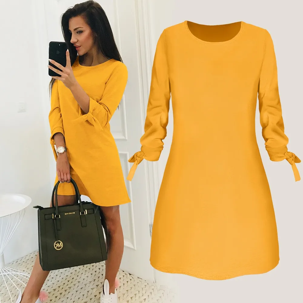 2019 Spring New Fashion Solid Color Dress Casual O-Neck Loose Dresses 3/4 Sleeve Bow Elegant Beach Female Vestidos Plus Size