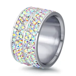 新趋势女士不锈钢饰品12毫米宽6排CZ AB水晶时尚戒指