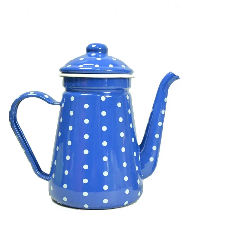 1.1L Tea Kettle Enamel Coffee Pot Vintage Blue Pot with White Dots