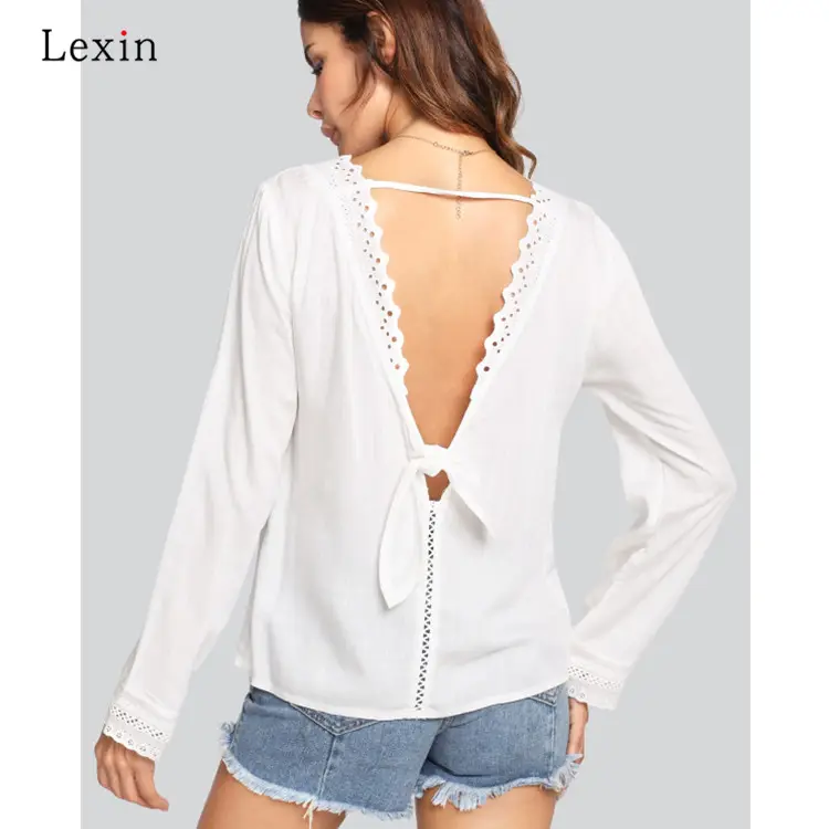 OEM весенние кружевные ажурные Топы большого размера с открытой спиной свободная женская простая белая рубашка с длинным рукавом и V-образным вырезом Женская Мягкая блузка