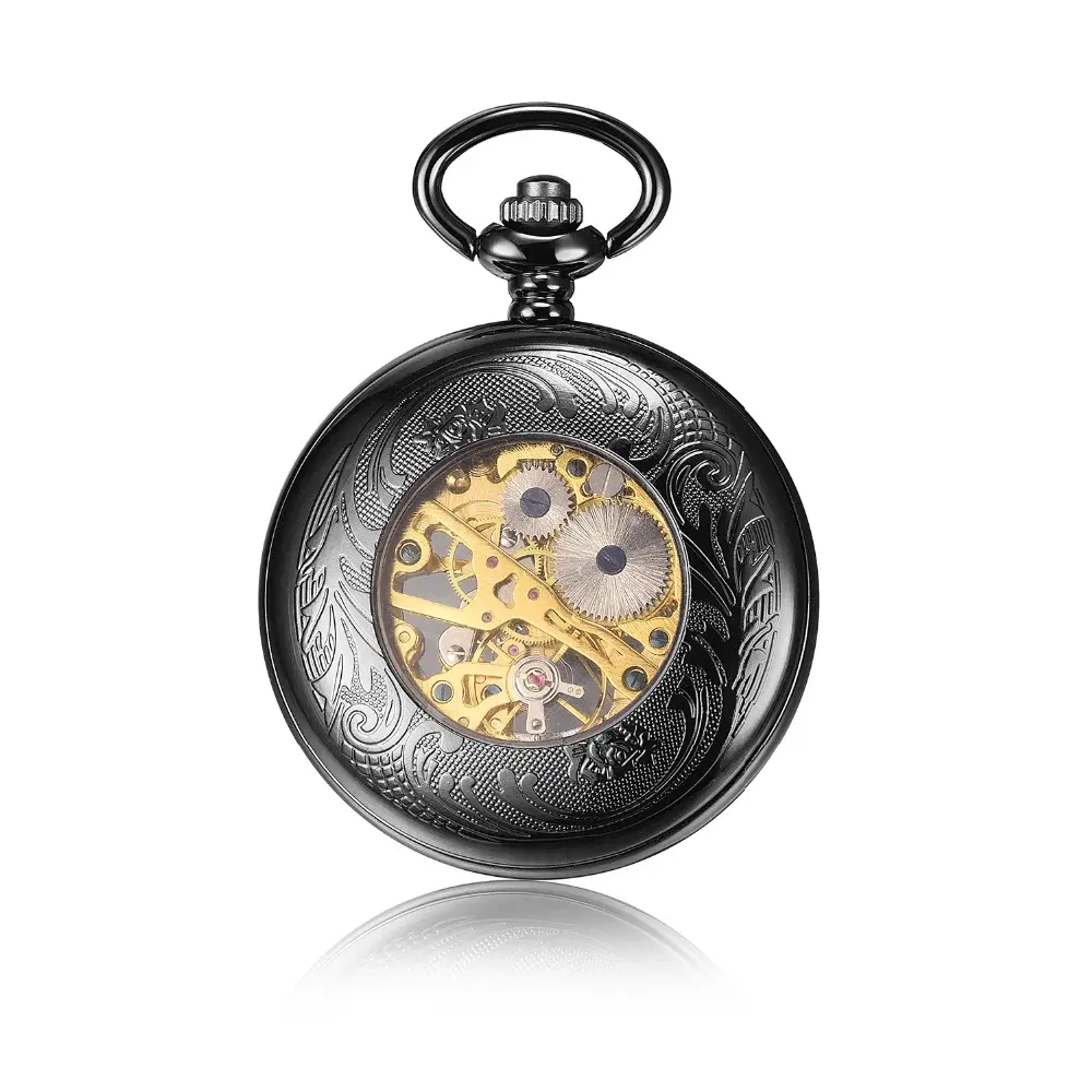 Relógio de bolso mecânico personalizado, meu logotipo personalizado, corrente preta de relógio de bolso, steampunk, fob, pingente mecânico para homens