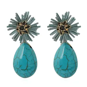 Factory direct custom wholesale rhinestone leather Bohemian ethnic wind handmade turquoise earrings for women