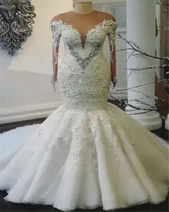 Vestido de novia de sirena de talla grande, con cuentas, apliques de encaje, manga larga, cola de pez africano, para boda