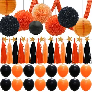 43 pcs to decoration supplies Kit Halloween party tissue paper pompoms paper lanterns Tassel wreath garland leaves