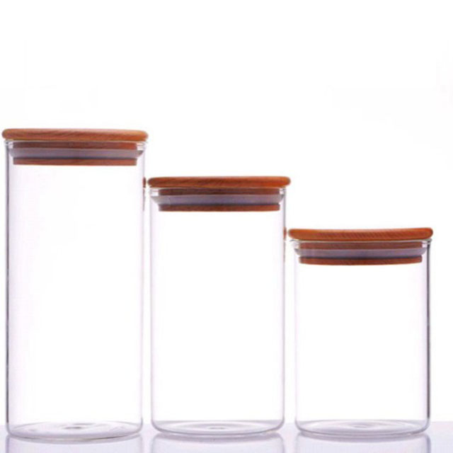 Wholesale borosilicate glass container wood lid glass storage jar with wooden lid