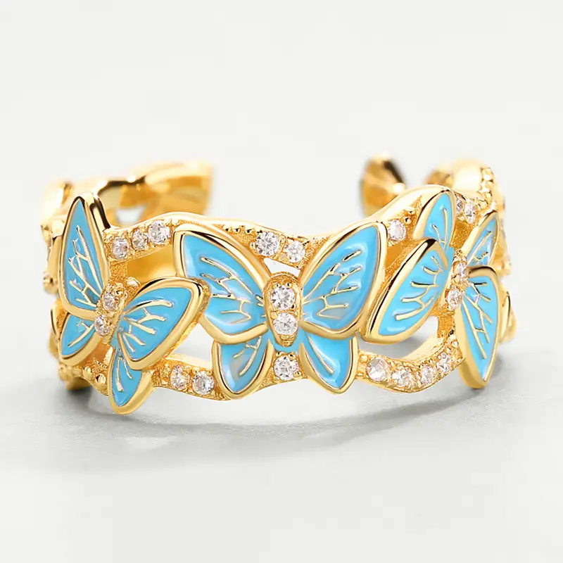 Perhiasan Emas Desain Vintage S925 Perak Murni Cincin Kupu-kupu Enamel Buatan Tangan