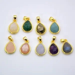 Teardrop Tiny Bezel pendant Gold Plated Drop natural faceted Pear Gemstone beads amethyst amazonite necklace Jewelry charms