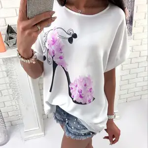 Nova blusa feminina de salto alto, estampada, manga curta, casual, solta, com babado, camisa