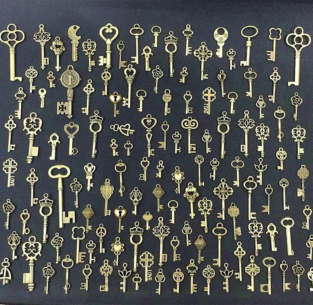 Misto de atacado retro liga encantos chave fit chunky colar, antique bronze encantos pingente de chave, 125PCS