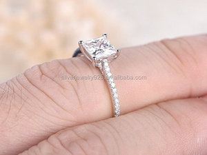 Bague de fiançailles princesse momanite en <span class=keywords><strong>or</strong></span> blanc 14k, 5.5 x mm, anneau de mariage en diamant <span class=keywords><strong>massif</strong></span> - Product Image 5