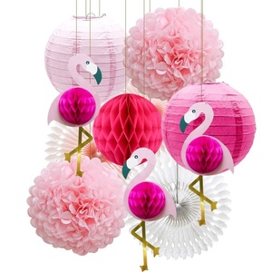 Lanternes tropicales à thème de flamand rose, nid d'abeille, fête, pompons, fleurs en papier, éventail en papier, pour décor d'été hawaïen, pièces - Product Image 1