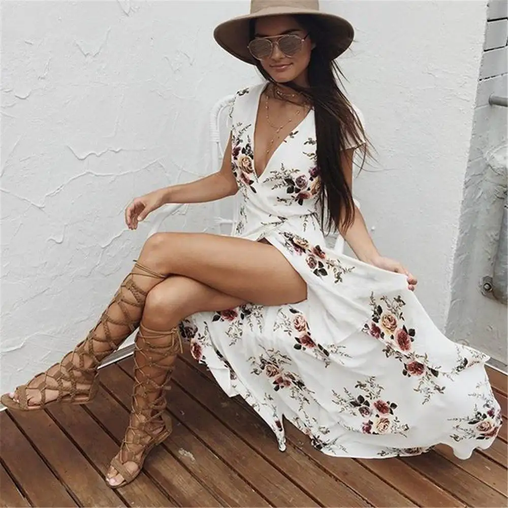 New Style Fashion White Printed Casual Side Open Fork Dress Short Sleeve Women Long Dresses