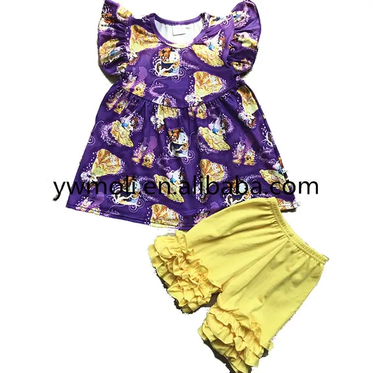 Hotsale gesmokt kinder kleidung großhandel flattern ärmel prinzessin muster kleid und rüschen shorts kinder kleidung