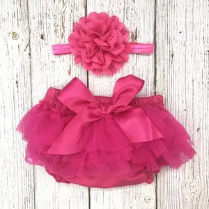 Hot Pink Tutu Bloomers Pakaian Dalam Ruffle Bayi Bloomer dengan Ikat Kepala Set