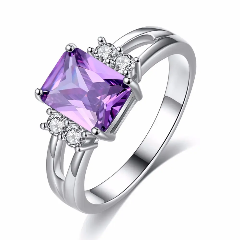 Hot Sale 18k GP White Glod Plated Square Amethyst Purple Diamond Cubic Zirconia Engagement Ring