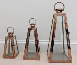 Set 3 Weddings Pyramid Shaped Steel Rose <strong>Gold</strong> <strong>Lanterns</strong> - Product Image 1