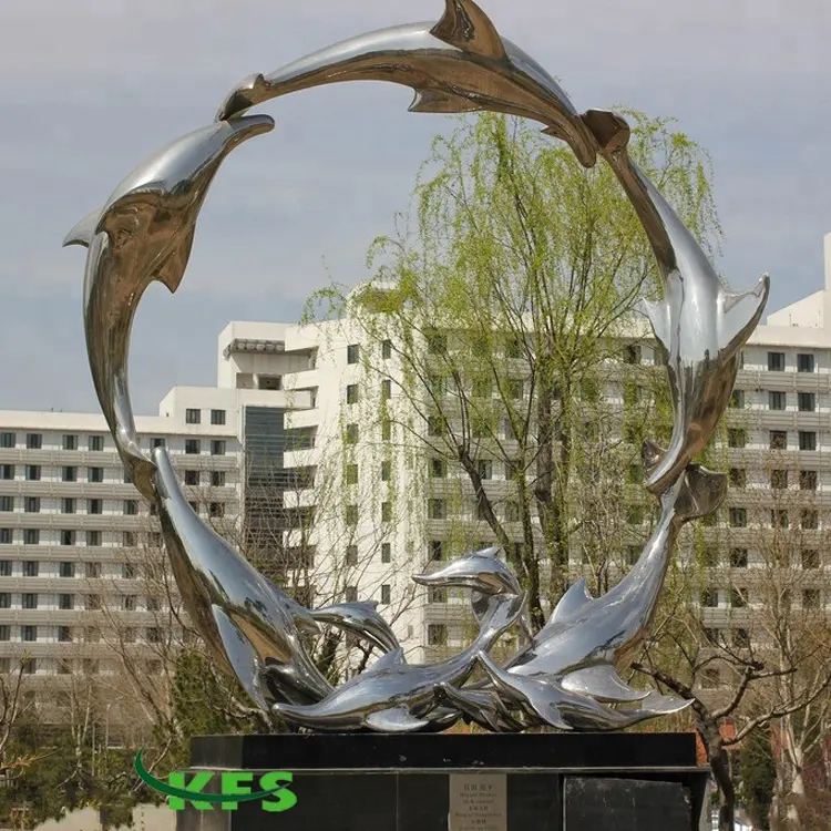Heißer Produkte 304 Grade Beste Qualität Matt Oberfläche Garten Setzen Springen Eingekreist Edelstahl Dolphins Skulptur