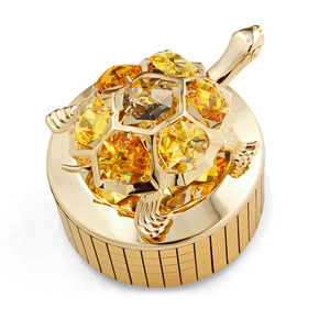 Caja Musical Redonda de Metal Chapada en Oro Crystocraft Decorada con Cristales de Corte Brillante con Diseño de Tortuga de Cuerda Manual - Product Image 3