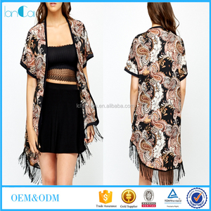 HHot verano mujeres de la impresión floral del <span class=keywords><strong>kimono</strong></span> <span class=keywords><strong>manga</strong></span> corta borla detalles kimino cardigan 2017 - Product Image 1