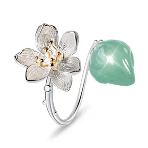 Design Custom Handmade women Fine Jewelry Supplies Natural Aventurine Stone Jade Finger Flower 925 Sterling Silver Gemstone Ring