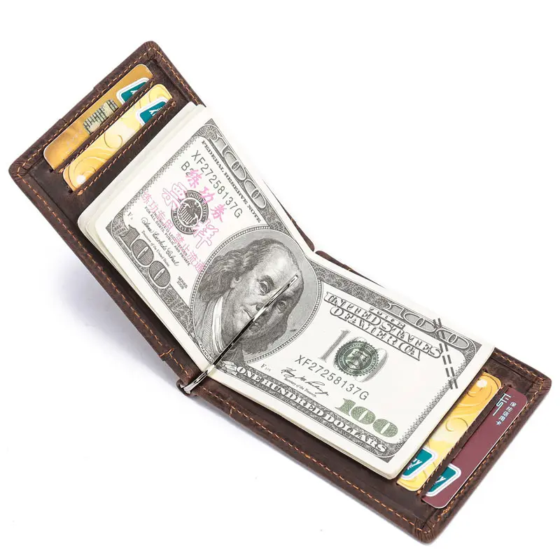 wb141 RFID Blocking Wallet Crazy Horse Leather Minimalist Money Clip Wallets